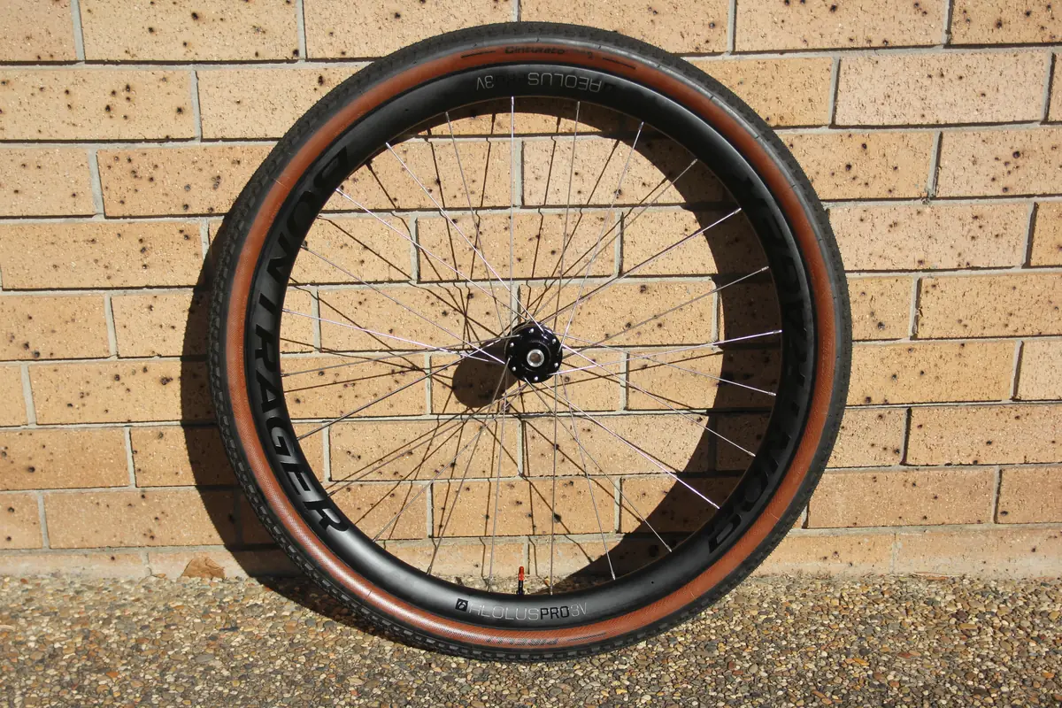 The rear wheel photographed side-on, showing the rim profile and tan-wall tyre